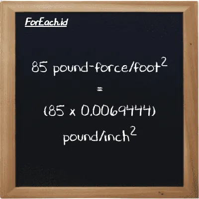 How to convert pound-force/foot<sup>2</sup> to pound/inch<sup>2</sup>: 85 pound-force/foot<sup>2</sup> (lbf/ft<sup>2</sup>) is equivalent to 85 times 0.0069444 pound/inch<sup>2</sup> (psi)